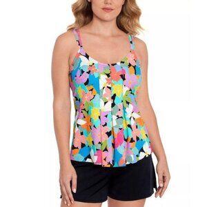 Swim Solutions Womens Floral Tankini Swim Top Pleated Front Colorful Size 10